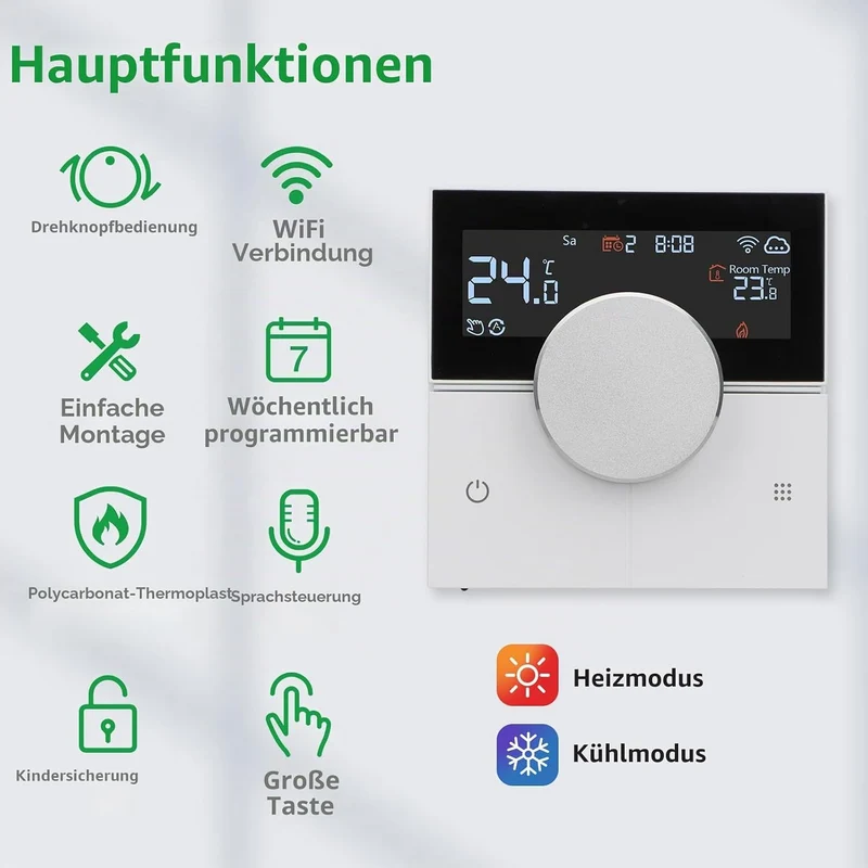 Wengart Smart Raumthermostat WG12, WiFi 2.4GHz für Wasser-Fussbodenheizung (3A), Fenster-offen-Erken