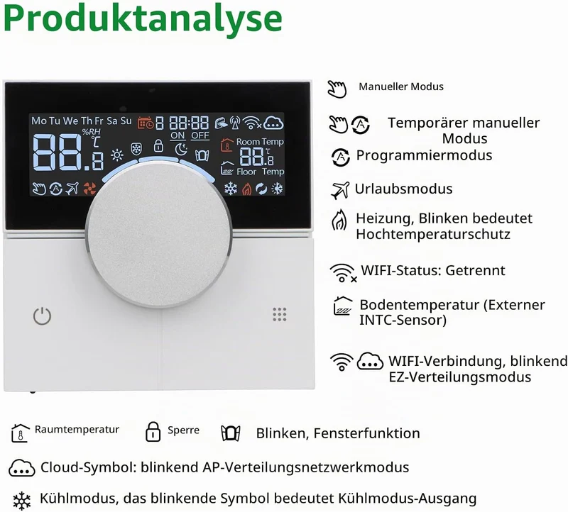 Wengart Smart Raumthermostat WG12, WiFi 2.4GHz für Wasser-Fussbodenheizung (3A), Fenster-offen-Erken