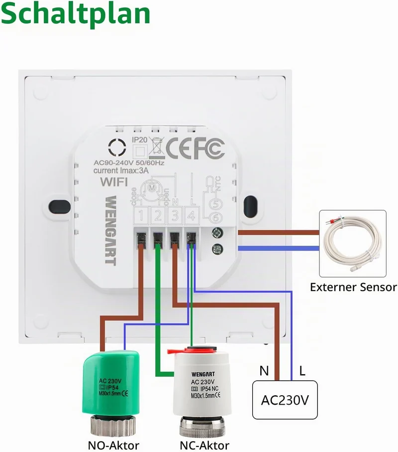 Wengart Smart Raumthermostat WG12, WiFi 2.4GHz für Wasser-Fussbodenheizung (3A), Fenster-offen-Erken