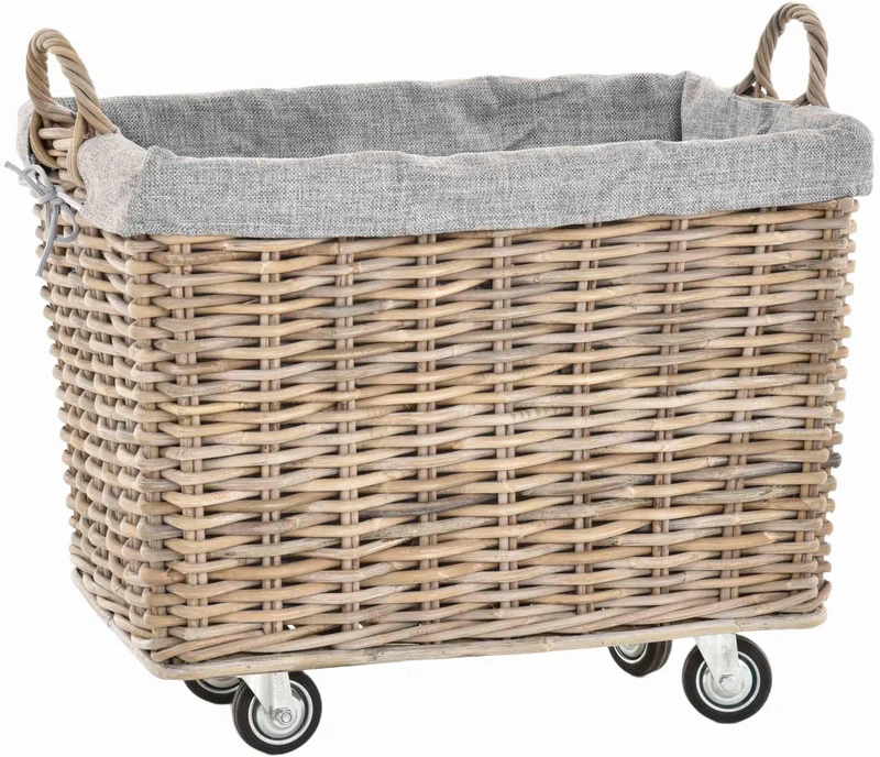 Stabiler Kaminholzkorb Flechtkorb mit Inlett Roll Holzkorb Rollkorb Natur-Rattan (Natur-Grau mit Rol