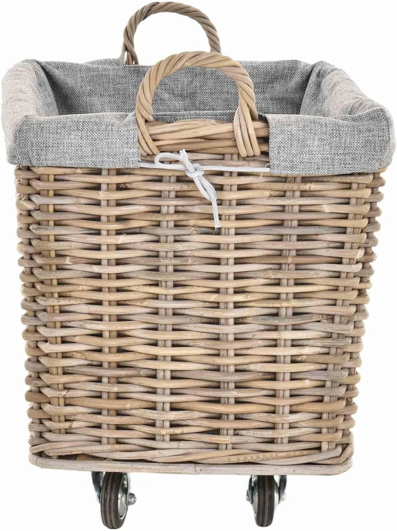 Stabiler Kaminholzkorb Flechtkorb mit Inlett Roll Holzkorb Rollkorb Natur-Rattan (Natur-Grau mit Rol