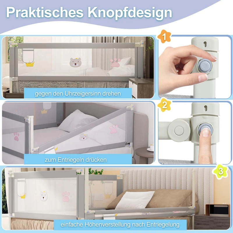 Bettgitter für Kinder, Rausfallschutz Bett, Kinderbettgitter mit luftiges Netz, Sicheres & höhenvers