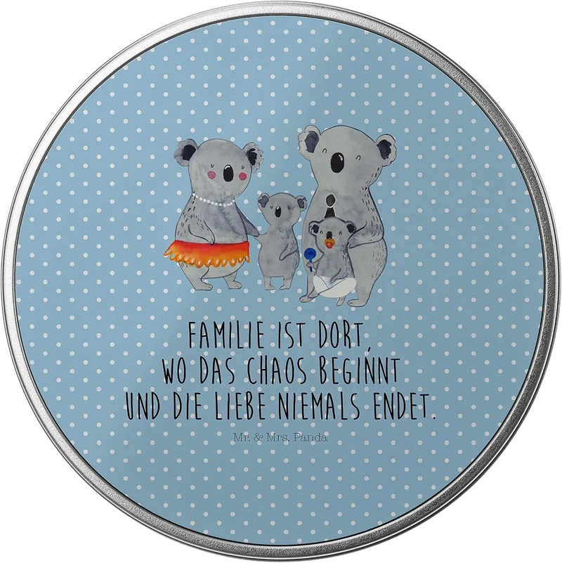Mr. & Mrs. Panda Blechdose rund Koala Familie - Geschenk, Vorratsdosen, Metall Dose, Geschenkbox, qu