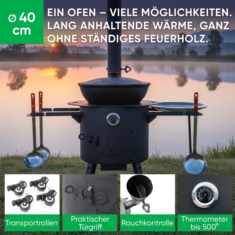Feuerofen Utschak Ø 40cm mit Gusseisen Kazan Wok 12L Ø 42,5cm | Kasan mit Deckel | Учаг Outdoor Gula