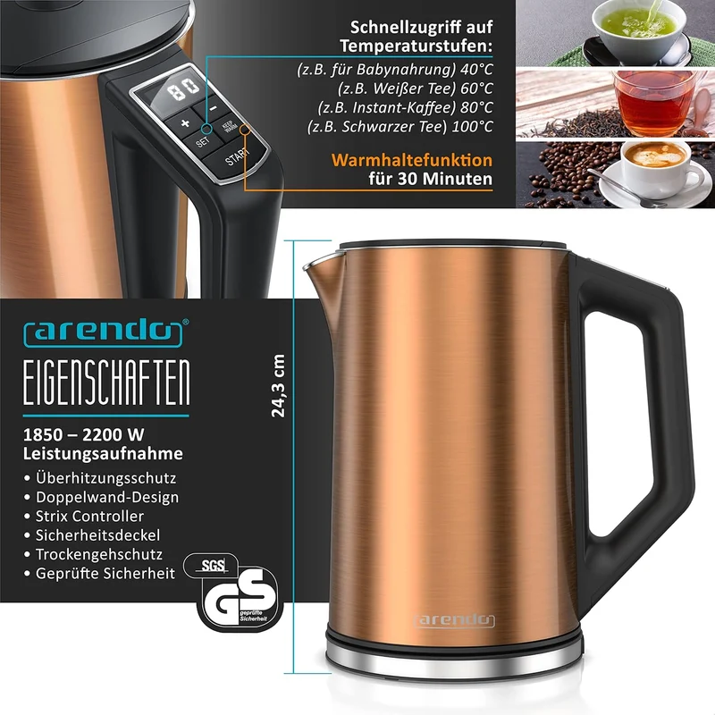 Arendo - Set Wasserkocher ELEGANT mit Eierkocher SEVENCOOK Edelstahl Kupfer, Wasserkocher 1,5L 40° -