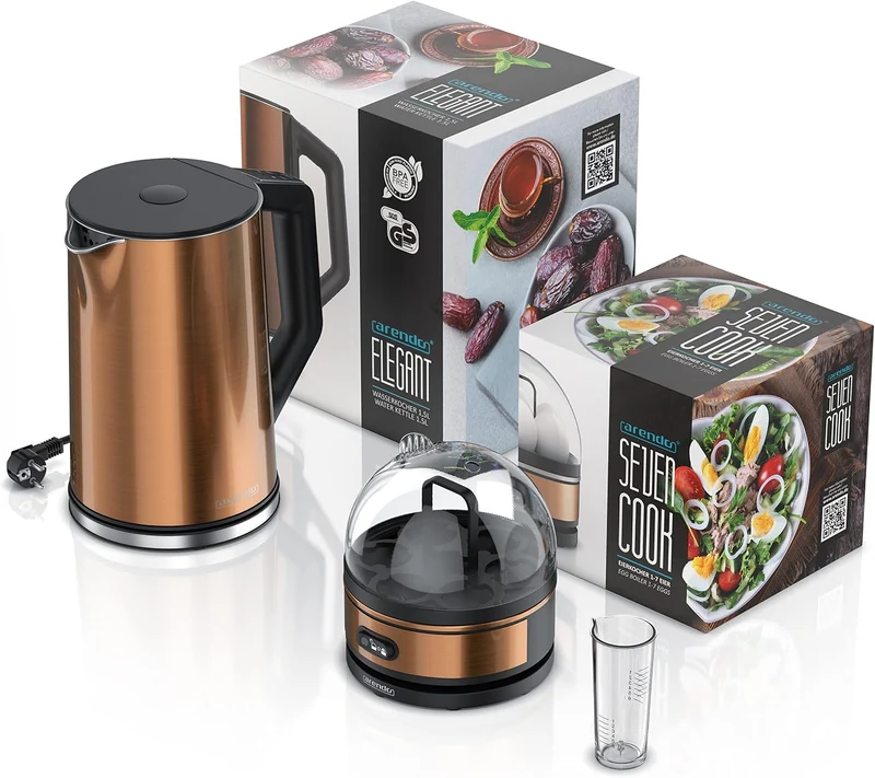 Arendo - Set Wasserkocher ELEGANT mit Eierkocher SEVENCOOK Edelstahl Kupfer, Wasserkocher 1,5L 40° -
