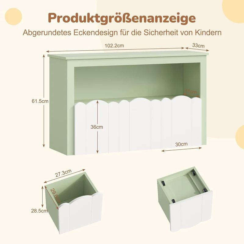 YOUDENOVA Kinderregal, Kinderzimmer Möbel mit 3 Boxen, Spielzeug Aufbewahrung auf Rollen, 102,2x33x6