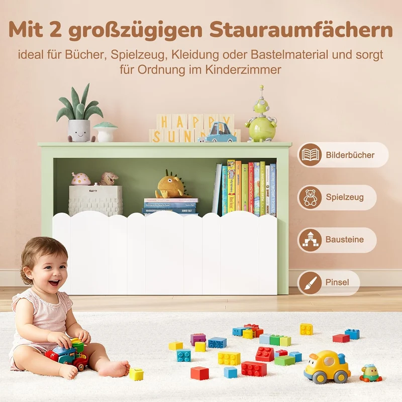 YOUDENOVA Kinderregal, Kinderzimmer Möbel mit 3 Boxen, Spielzeug Aufbewahrung auf Rollen, 102,2x33x6