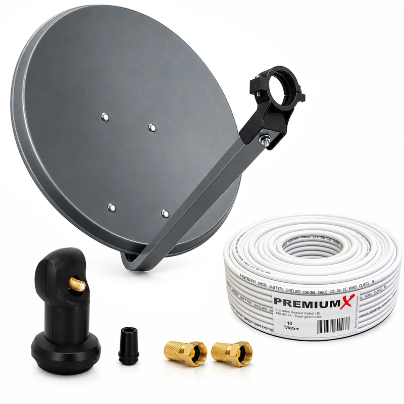 PremiumX Camping Sat Anlage 45cm Antenne Single LNB 10m Koaxialkabel 2X F-Stecker Camping Wohnwagen
