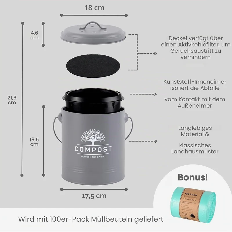PERFNIQUE Komposteimer mit Deckel für die Küche, inklusive Inneneimer und Kohlefilter, Kleiner Kompo