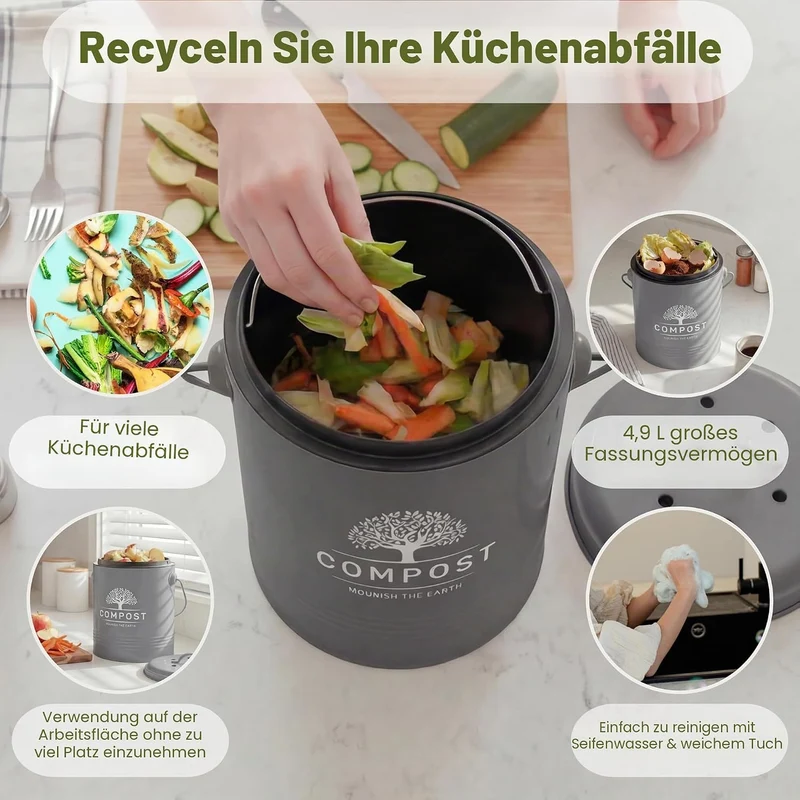 PERFNIQUE Komposteimer mit Deckel für die Küche, inklusive Inneneimer und Kohlefilter, Kleiner Kompo