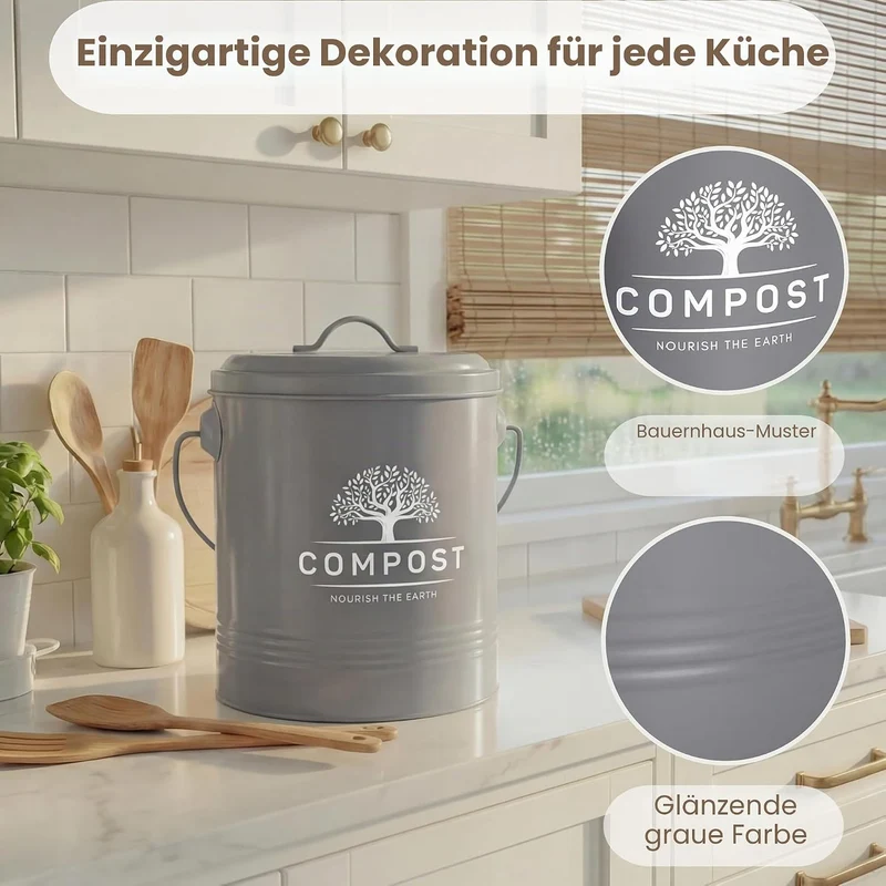 PERFNIQUE Komposteimer mit Deckel für die Küche, inklusive Inneneimer und Kohlefilter, Kleiner Kompo