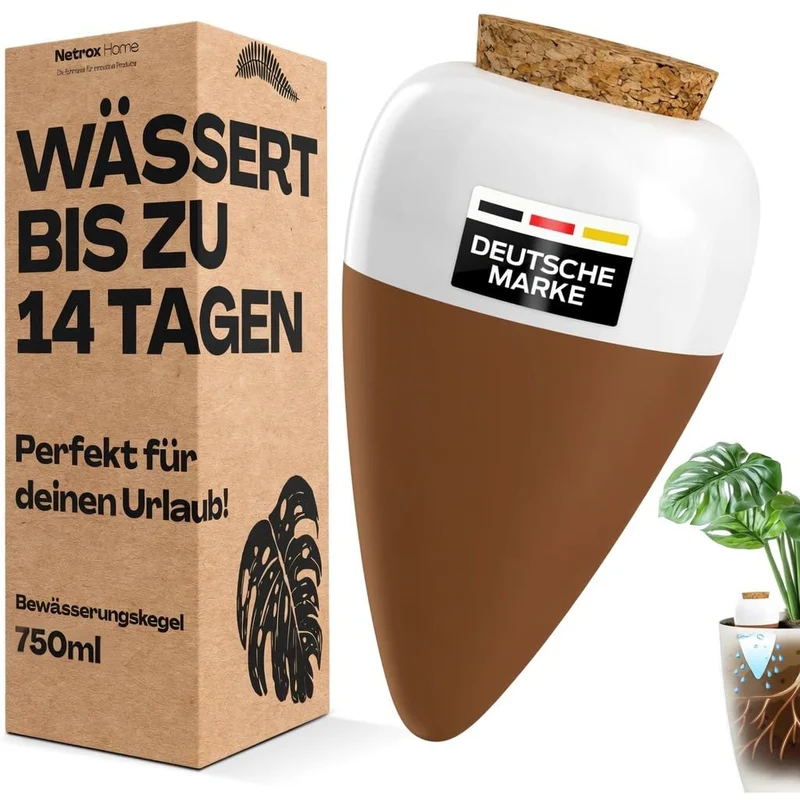 Netrox Bewässerungskegel aus Ton – 1x 750ml – ideal im Urlaub, bis 14 Tage – automatische Pflanzenbe