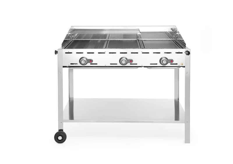HENDI Grillsystem Green Fire 3 Brenner, mit Emaillierte Grillplatte aus Gusseisen und Rost GN 1/1, n