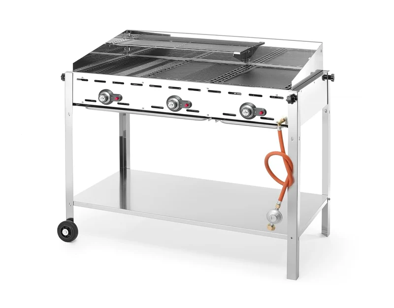 HENDI Grillsystem Green Fire 3 Brenner, mit Emaillierte Grillplatte aus Gusseisen und Rost GN 1/1, n