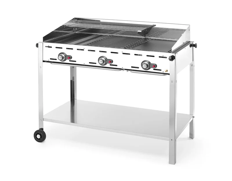 HENDI Grillsystem Green Fire 3 Brenner, mit Emaillierte Grillplatte aus Gusseisen und Rost GN 1/1, n