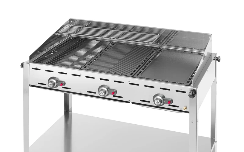 HENDI Grillsystem Green Fire 3 Brenner, mit Emaillierte Grillplatte aus Gusseisen und Rost GN 1/1, n