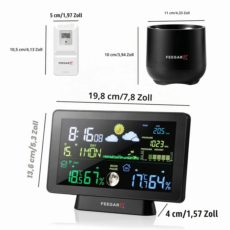 Wireless Weather Station with Digital Rain Gauge, Feegar Forecaster LCD 7,5" Indoor Outdoor Temperat