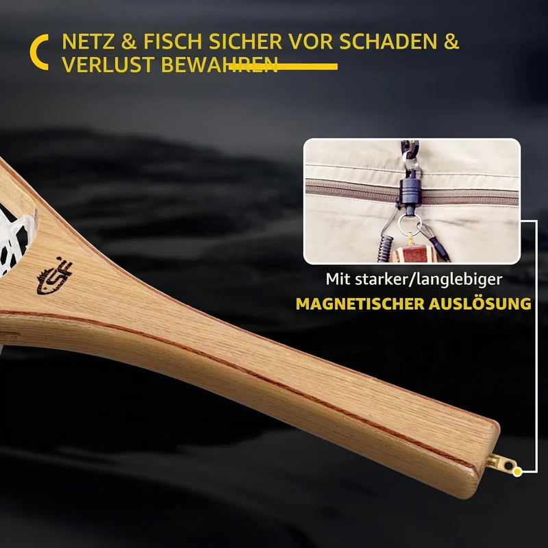 SF Fliegenfischer-Kescher mit Holzrahmen, weichem Gumminetz, Forellenkescher, Catch-and-Release-Kesc