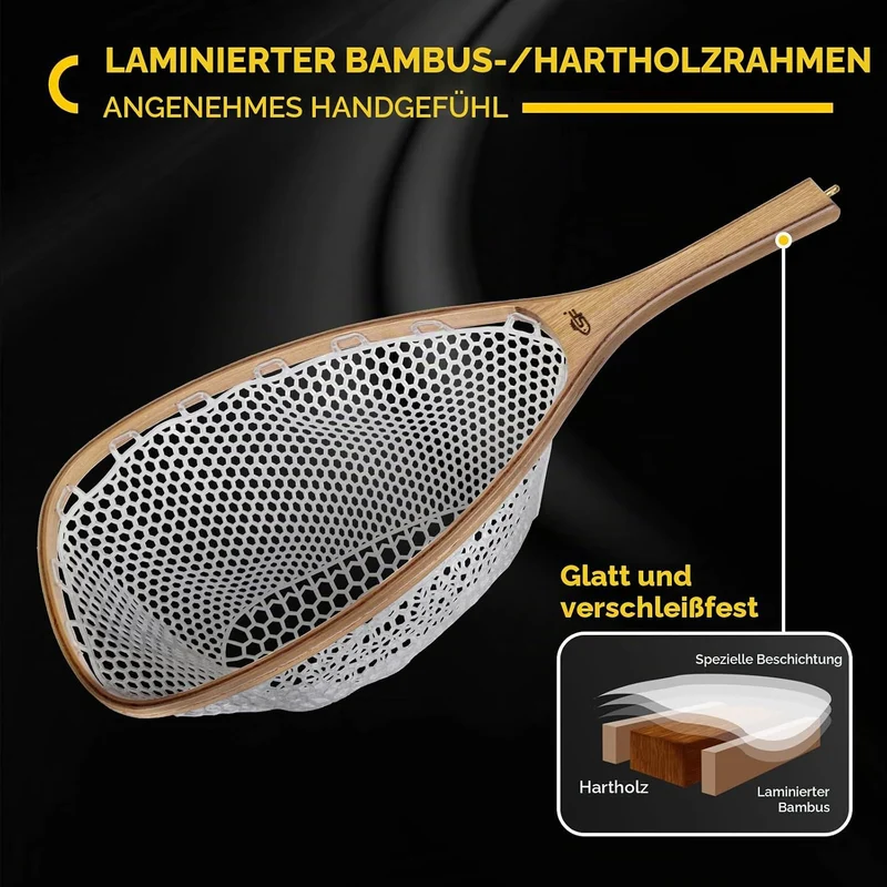 SF Fliegenfischer-Kescher mit Holzrahmen, weichem Gumminetz, Forellenkescher, Catch-and-Release-Kesc