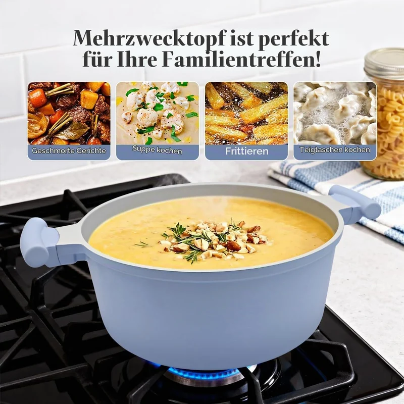AIKENBBKK Kochtopf 24cm mit Deckel, 5L Antihaft Aluminium Schmortopf mit Keramik-Beschichtung, kühl