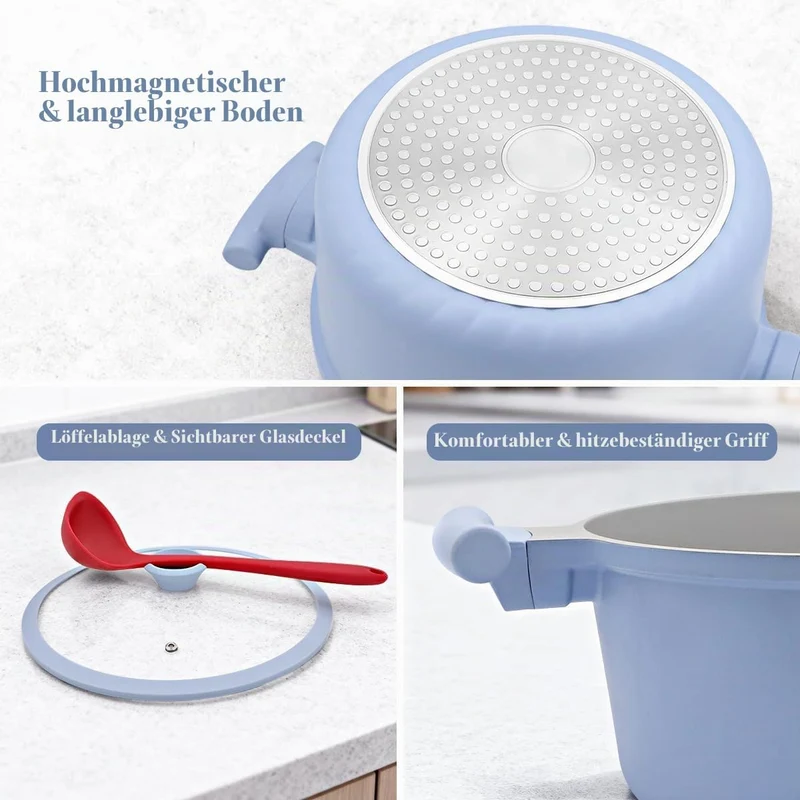 AIKENBBKK Kochtopf 24cm mit Deckel, 5L Antihaft Aluminium Schmortopf mit Keramik-Beschichtung, kühl