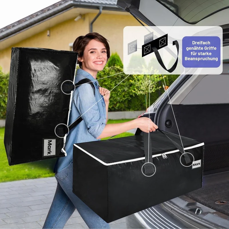 Umzugstaschen 93-Liter, 4er-Pack Aufbewahrungstaschen mit Reissverschluss, Umzugskartons Heavy Duty
