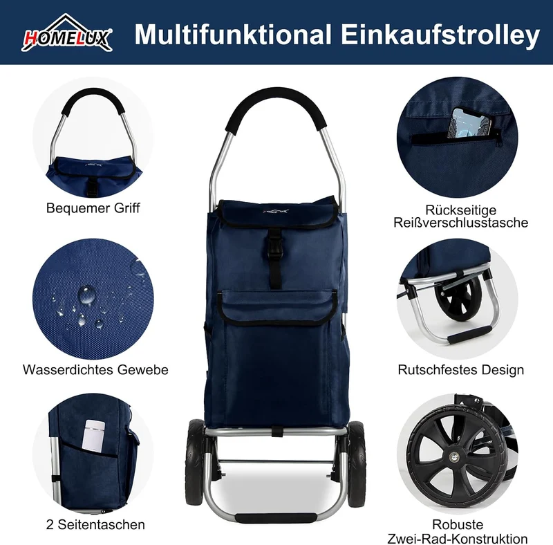 Einkaufstrolley, HOMELUX klappbar, Stabiler Einkaufswagen, grosse Kapazität 41 L, multifunktional, H