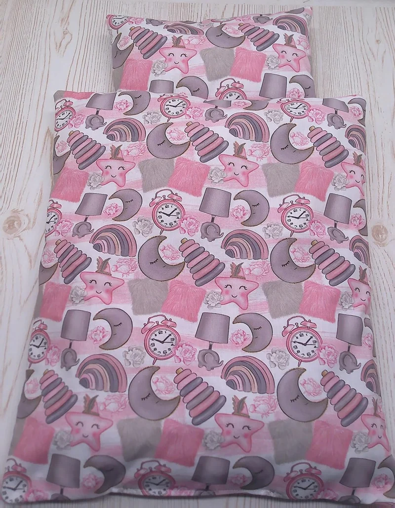 Puppenbettwäsche mit Teddy Stickerei, Decke 36 h x 34 b, Kissen 16h x 25 b für Puppenwagen- bett ode