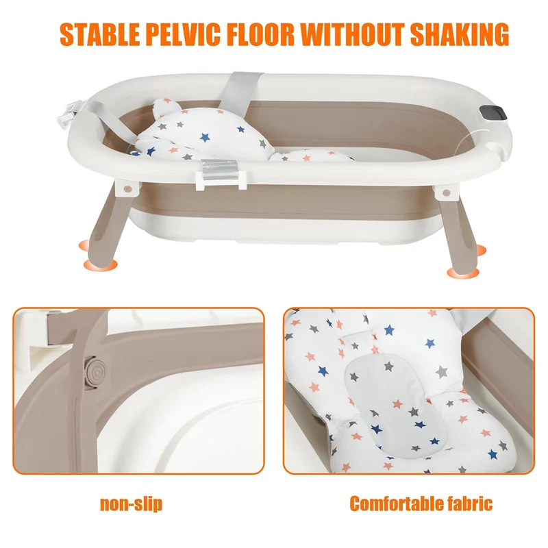Flexible Babybadewanne mit Temperaturanzeige, Duschkissen, Duschstecker, rutschfeste Füsse, faltbare
