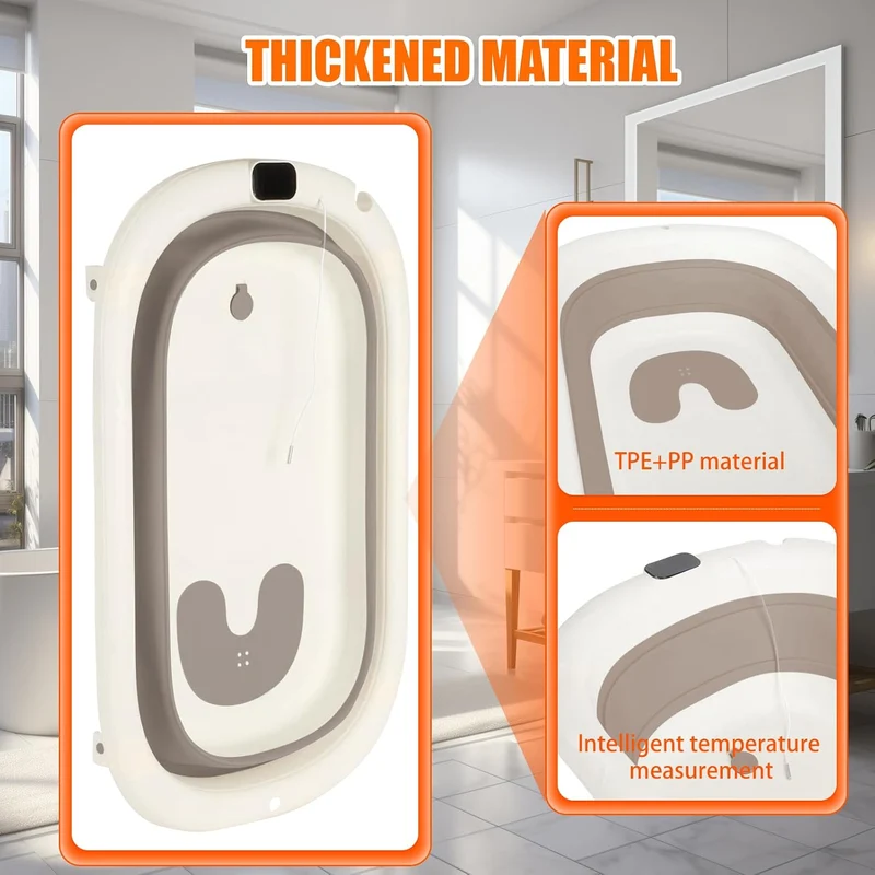 Flexible Babybadewanne mit Temperaturanzeige, Duschkissen, Duschstecker, rutschfeste Füsse, faltbare