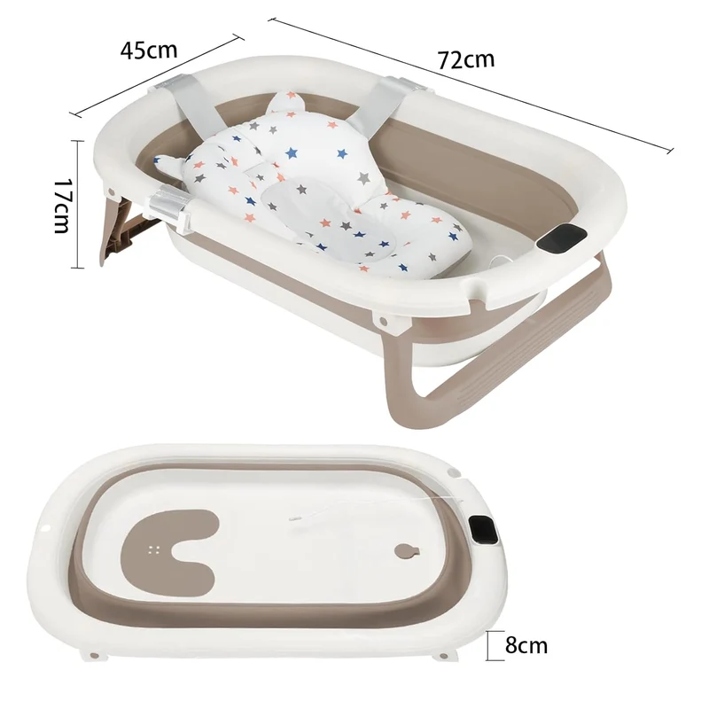 Flexible Babybadewanne mit Temperaturanzeige, Duschkissen, Duschstecker, rutschfeste Füsse, faltbare
