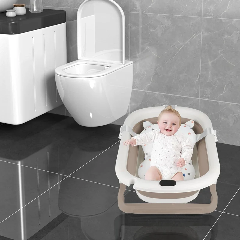 Flexible Babybadewanne mit Temperaturanzeige, Duschkissen, Duschstecker, rutschfeste Füsse, faltbare