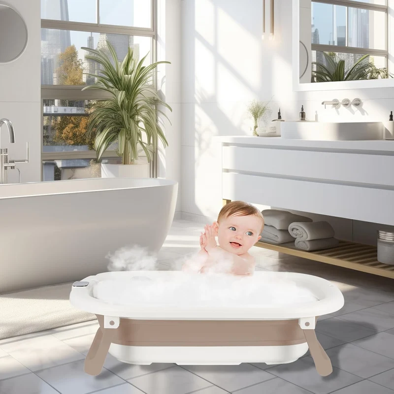Flexible Babybadewanne mit Temperaturanzeige, Duschkissen, Duschstecker, rutschfeste Füsse, faltbare