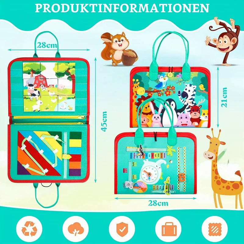 ZLPBAO Busy Board 9 in 1 Montessori Spielzeug ab 1 2 3 4 Jahre, Activity Board Baby 3D Filz Board Se