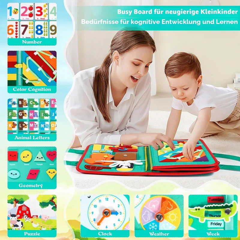 ZLPBAO Busy Board 9 in 1 Montessori Spielzeug ab 1 2 3 4 Jahre, Activity Board Baby 3D Filz Board Se
