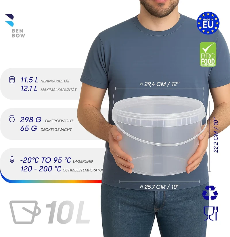 BenBow Eimer mit Deckel 10l transparent 5X 10 Liter - lebensmittelecht, stabil, luftdicht - Aufbewah