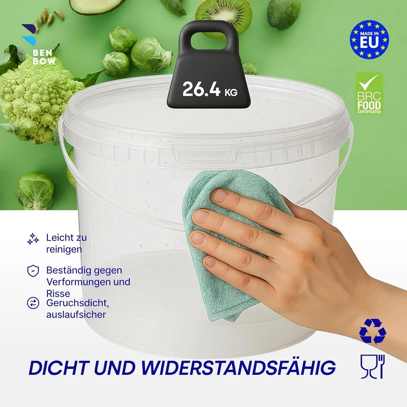 BenBow Eimer mit Deckel 10l transparent 5X 10 Liter - lebensmittelecht, stabil, luftdicht - Aufbewah