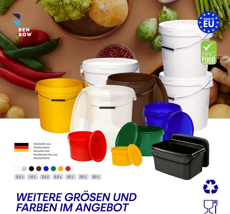 BenBow Eimer mit Deckel 10l transparent 5X 10 Liter - lebensmittelecht, stabil, luftdicht - Aufbewah