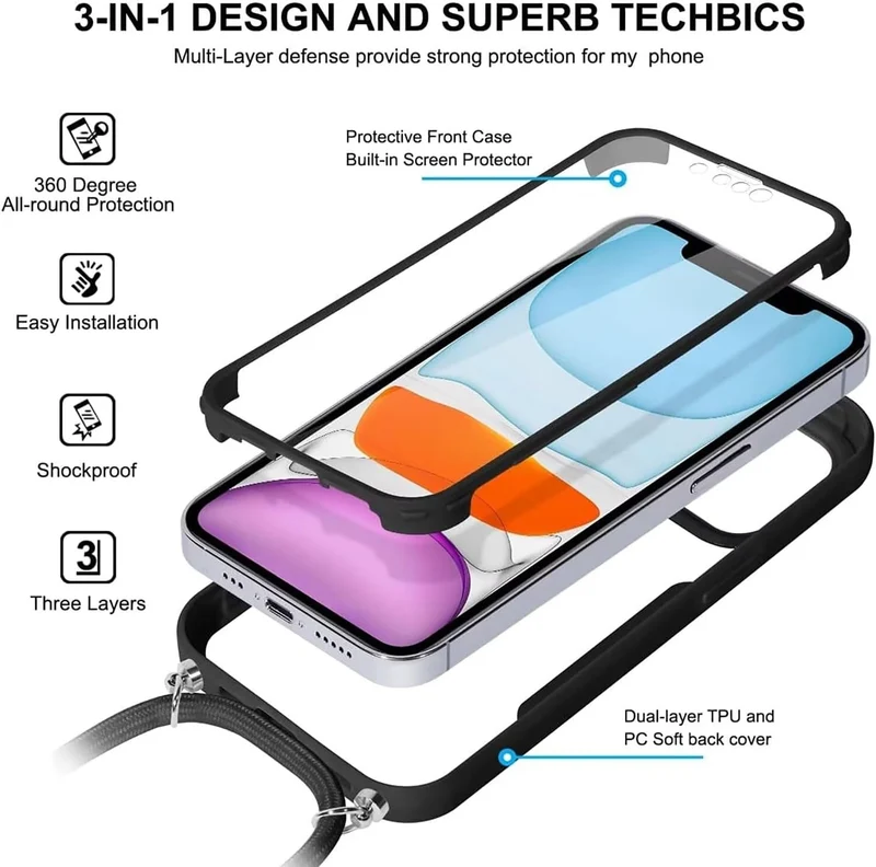 FERLAN Handykette für iPhone 14 Hülle mit Band,Transparent 360 Grad Rundumschutz Schutzhülle mit Int
