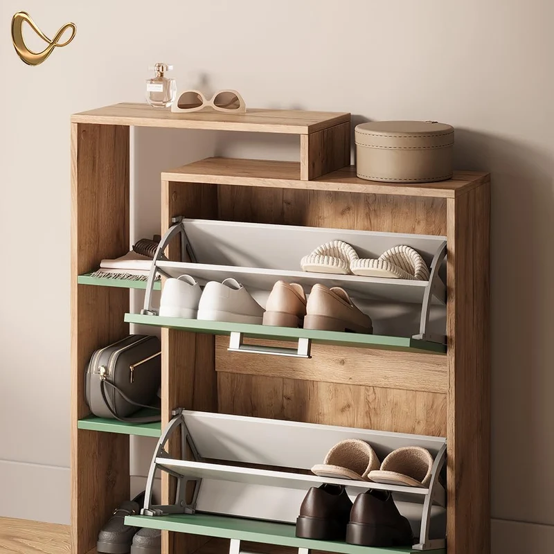 Livinity Schuhkipper Ortello, Goldkraft Eiche/Grün, 80 x 90 cm, Goldkraft Eiche/Grün