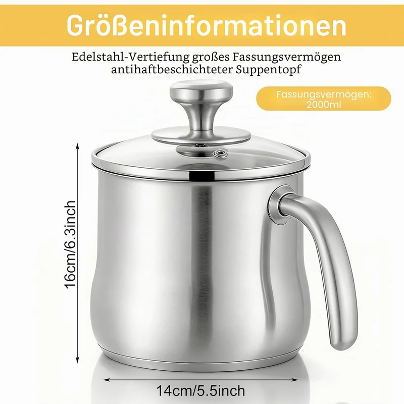 2 Liter Milchtopf, ø16 Edelstahltopf Mit Rutschfestem Edelstahlgriff, 14cm Hoher EdelstahlMilchtopf