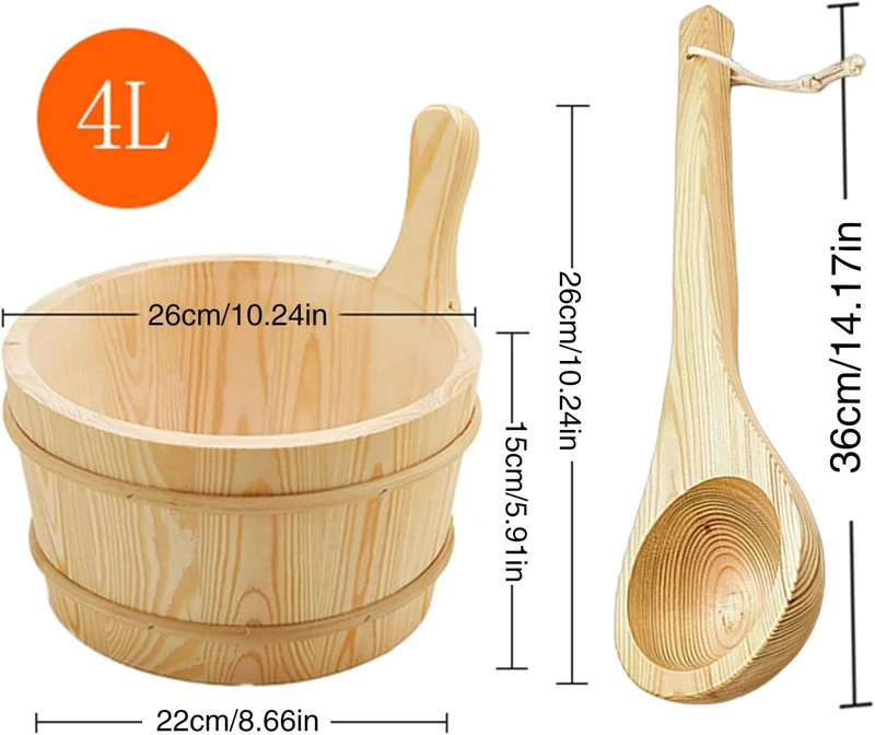 Sauna Eimer und Schöpfkelle - Sauna Holz Eimer Set - Dichte Holz Dusche Zubehör 4L Fassungsvermögen