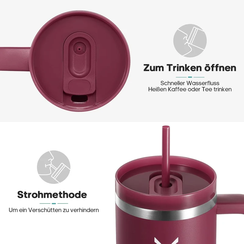 Gedux Trinkflasche mit Strohhalm 1.2L - Thermobecher mit Henkel auslaufsicher - Doppelwandige Vakuum