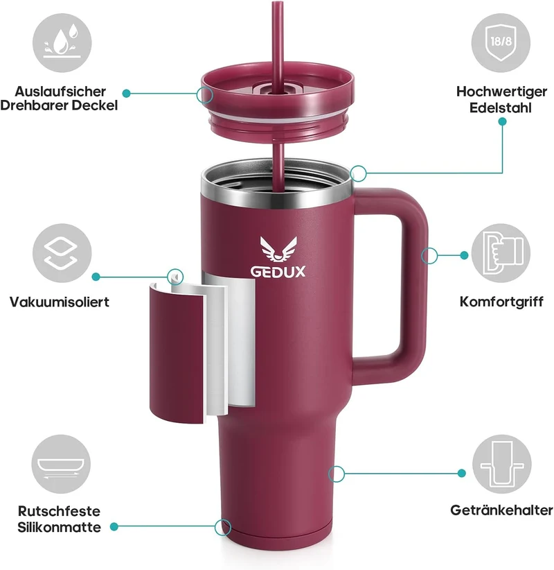 Gedux Trinkflasche mit Strohhalm 1.2L - Thermobecher mit Henkel auslaufsicher - Doppelwandige Vakuum