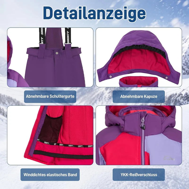 Kinder Schneeanzug für Mädchen Winter Skijacke & Hose Set Kapuzenträger Set Winddicht Wasserdicht Wa
