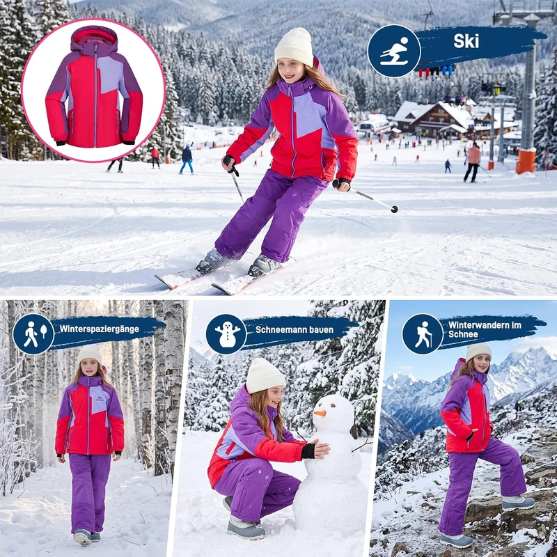 Kinder Schneeanzug für Mädchen Winter Skijacke & Hose Set Kapuzenträger Set Winddicht Wasserdicht Wa