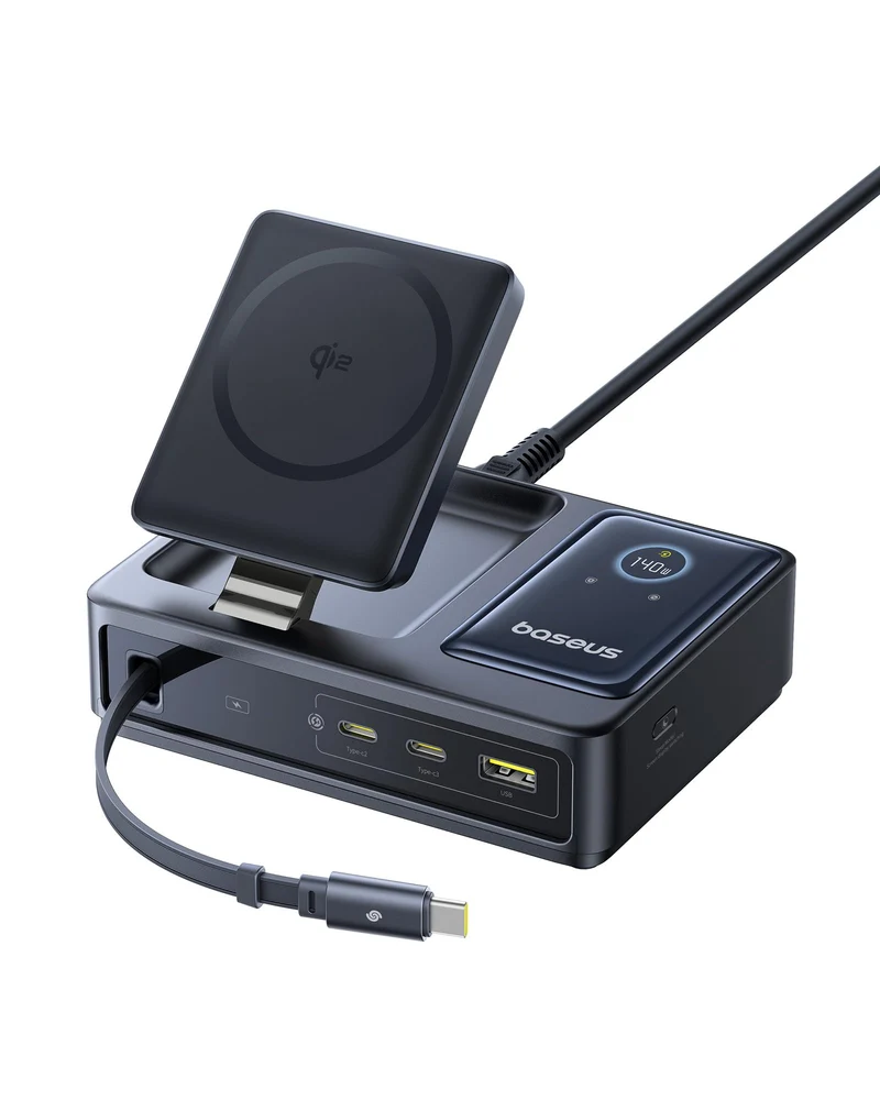 Baseus NOMOS 5 in 1 Ladestation, 140 W USB-C Ladegerät mit 15 W Qi2.0 MagSafe Ladegerät, Typ C Einzi