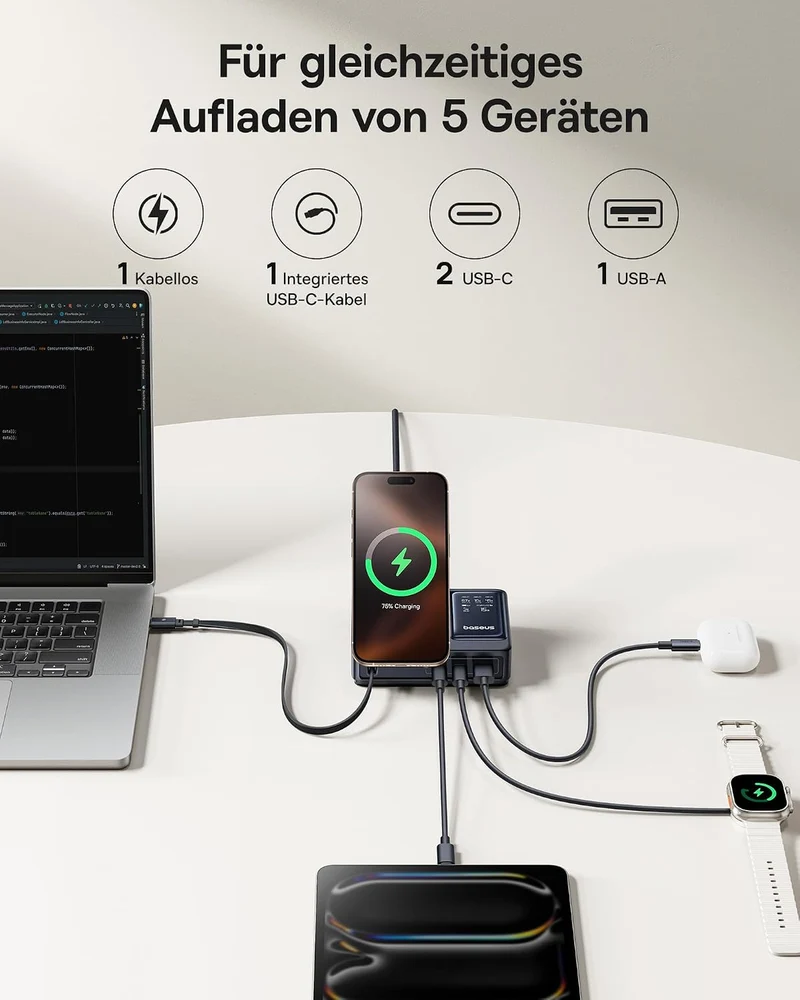 Baseus NOMOS 5 in 1 Ladestation, 140 W USB-C Ladegerät mit 15 W Qi2.0 MagSafe Ladegerät, Typ C Einzi