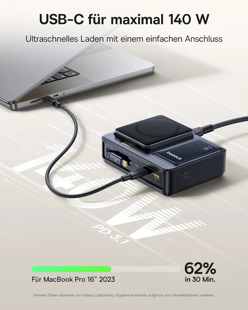 Baseus NOMOS 5 in 1 Ladestation, 140 W USB-C Ladegerät mit 15 W Qi2.0 MagSafe Ladegerät, Typ C Einzi